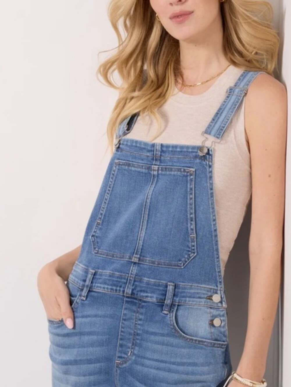 Evereve Jean Overalls 31 Wide Leg High Rise Ankle Raw Hem Blue Denim Stretch